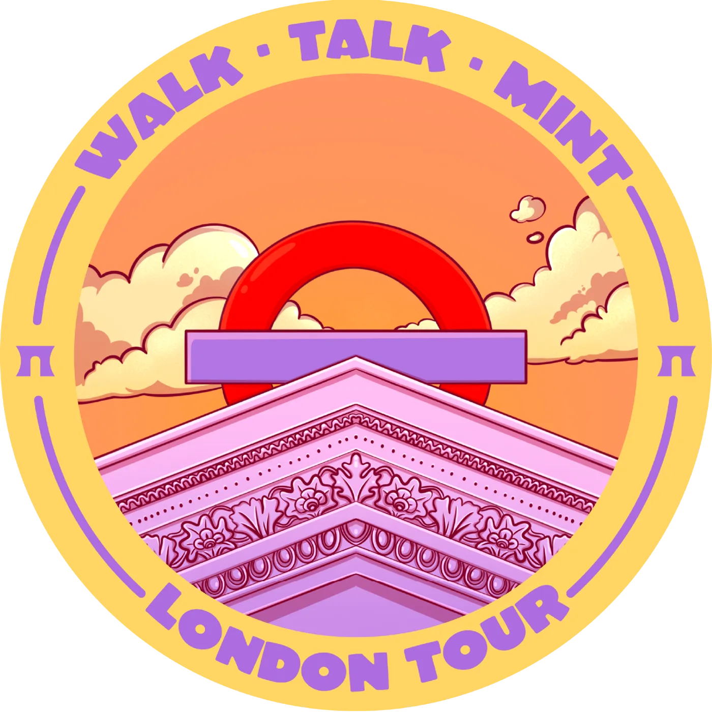 Walk Talk Mint London Tour badge, rooftop at sunset — illustration by Lizy Del Busto
